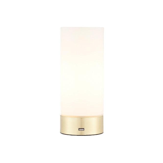DARA USB touch lamp in brushed brass with opal glass shade