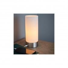 DARA USB touch lamp in brushed nickel with opal glass shade