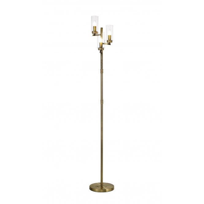DARETTE 3 Light Floor Lamp Antique Brass with Cylinder Glass Shades