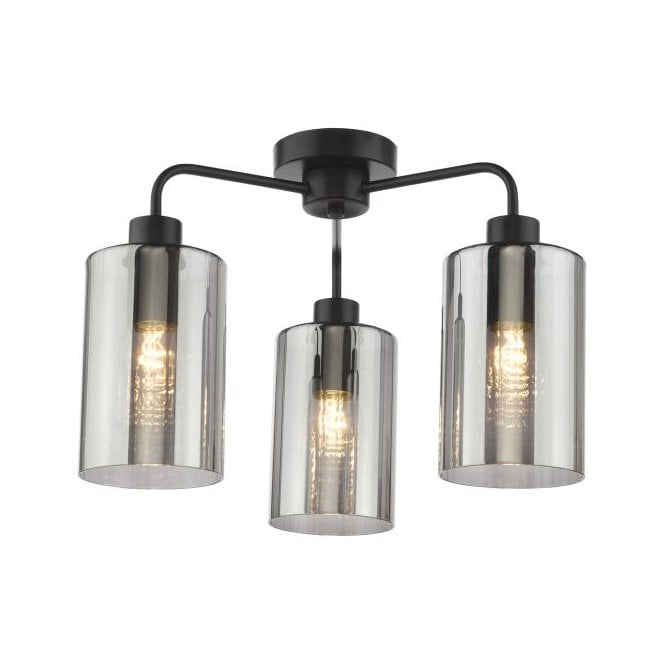 Daylin 3 Light Semi-Flush Satin Black and Smoked Ribbed Glass