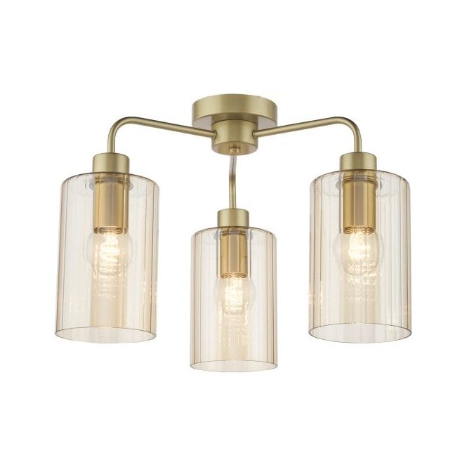 Daylin 3 Light Semi-Flush Satin Gold and Amber Ribbed Glass