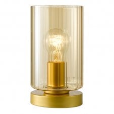Table lamp in satin gold with amber ribbed glass