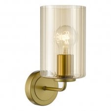 satin gold wall light with amber ribbed glass