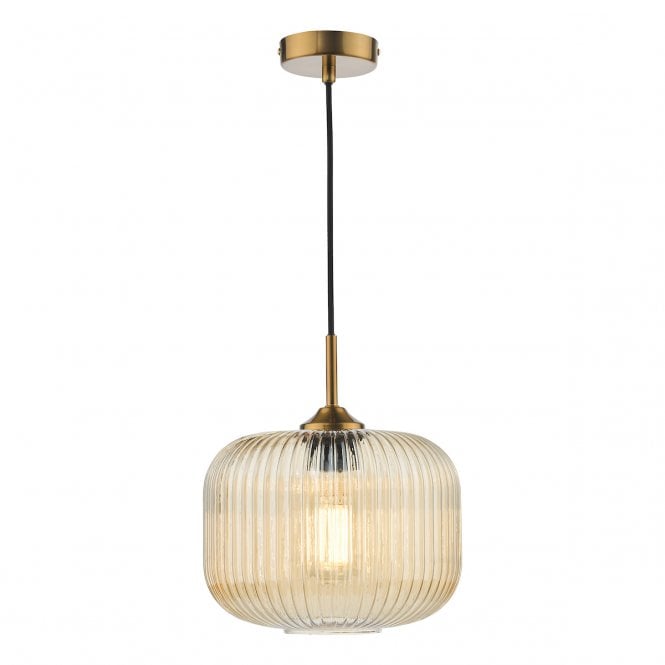 DEMARIUS Ceiling Pendant | Ribbed Amber Glass Shade | Natural Brass
