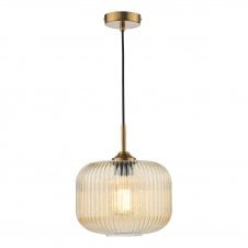Ribbed Amber Glass Pendant with Natural Brass Fittings