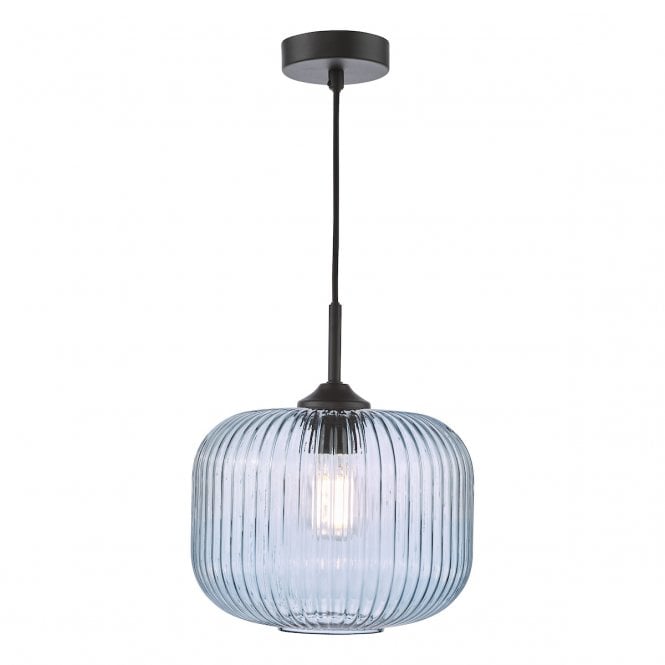 Demarius Matt Black Pendant with Blue Ribbed Glass