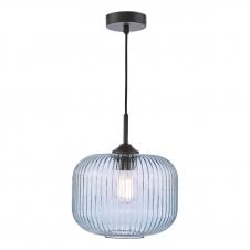 matt black pendant with blue ribbed glass shade