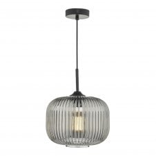 matt black pendant with smoked ribbed glass shade