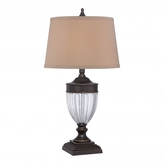 DENNISON classic glass urn table lamp with aged painted bronze detail and tan fabric shade
