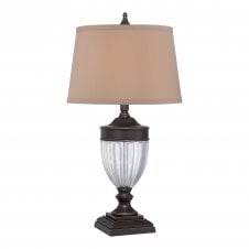 classic glass urn table lamp with bronze accents & tan fabric shade
