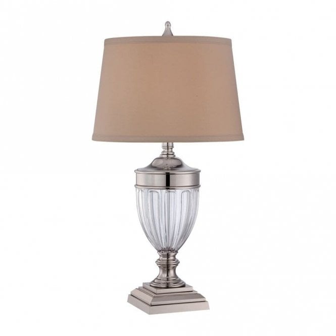 DENNISON classic glass urn table lamp with polished nickel detail and tan fabric shade