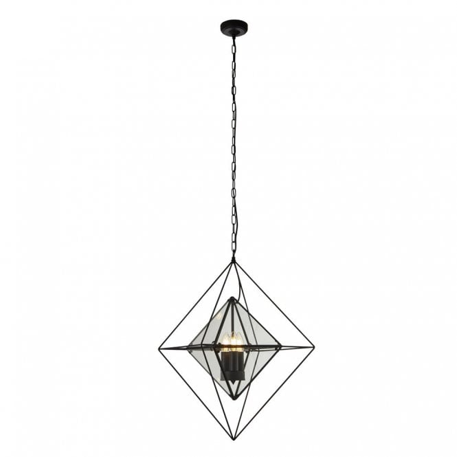 DIAMOND 3 Light Ceiling Pendant Black With Clear Glass Panels