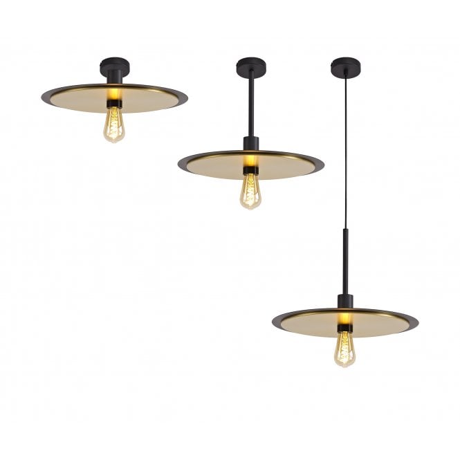 DISH Single 3 in 1 Ceiling Pendant, Semi-Flush or Flush Black and Gold Ceiling Light