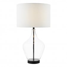 matt black and glass table lamp with ivory linen drum lampshade