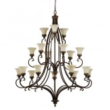 large Edwardian 18 light chandelier in bronze with fluted glass shades
