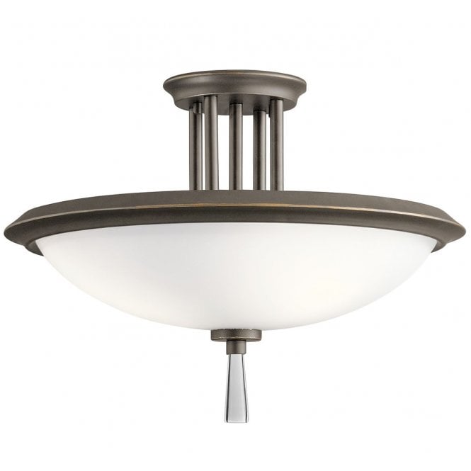 DREYFUS 3 Light Semi Flush in Old Bronze Finish with Opal Glass Shade and Crystal Dropper