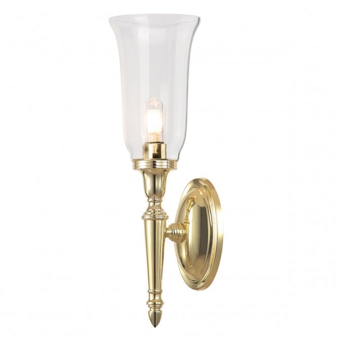 DRYDEN bathroom wall light traditional polished brass with clear storm glass shade.
