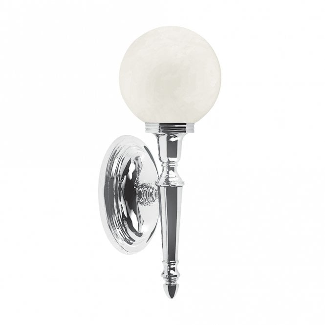 DRYDEN bathroom wall light traditional with opal glass globe shade.