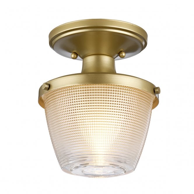 DUBLIN Bathroom Flush Ceiling Light Painted Natural Brass with Grid Prismatic Clear Glass Shade