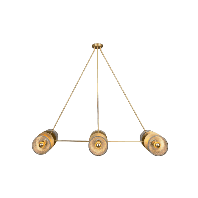 ECLIPSE Satin Brass and Holophane Glass Dish Chandelier