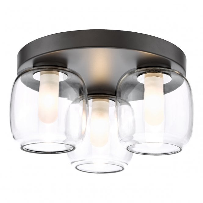 Edaline 3 Light IP44 Semi-Flush Bathroom in Matt Black with Glass Shades