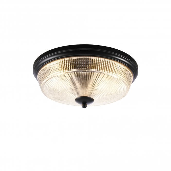 EDWARD 2 Light E27 Flush Ceiling Light | IP44 | Satin Black and Prismatic Glass