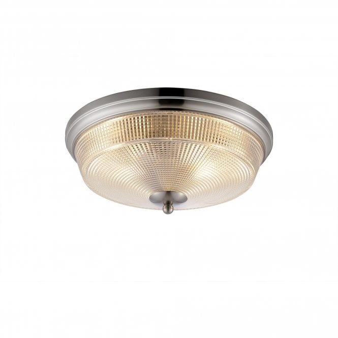 EDWARD 2 Light E27 Flush Ceiling Light | IP44 | Satin Nickel and Prismatic Glass