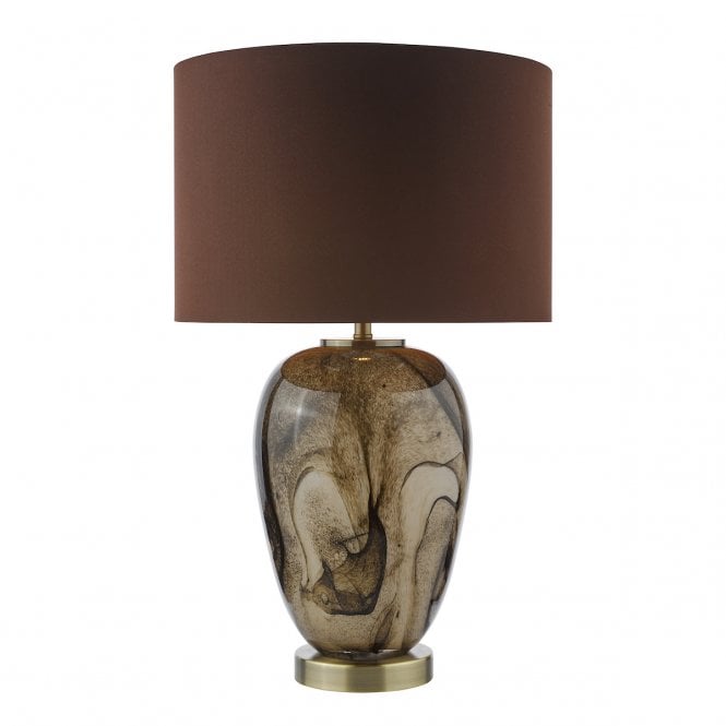 Egas Brown Marble Effect Glass and Antique Brass Table Lamp with Shade
