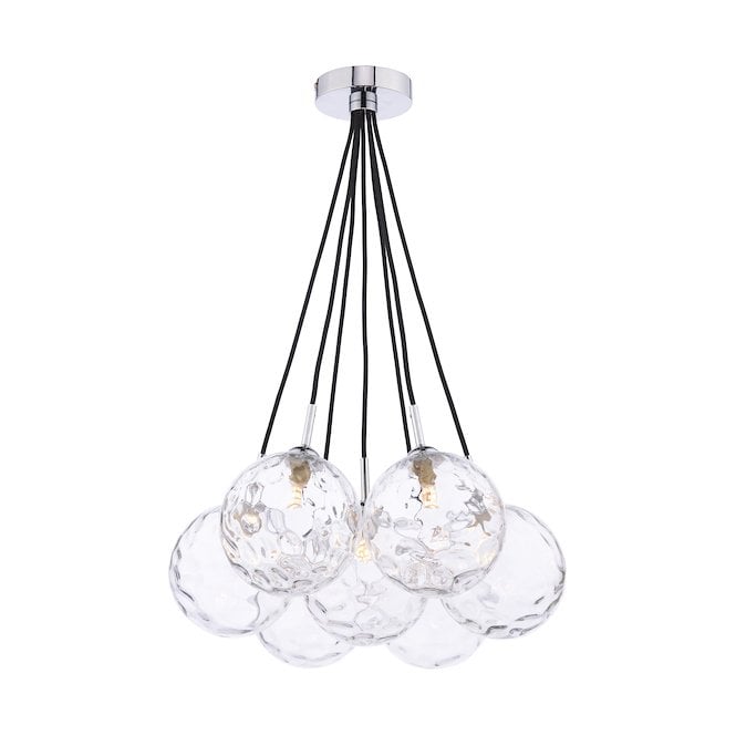 ELPIS 7 Light Cluster Pendant in Chrome with Clear Dimpled Glass Globe Shades
