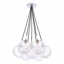 7 Light Cluster Pendant in Chrome with Clear Dimpled Glass Globe Shades