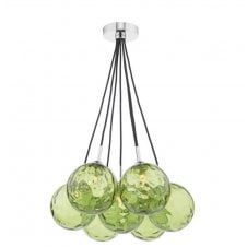 7 Light Cluster Pendant in Chrome with Green Dimpled Glass Globe Shades