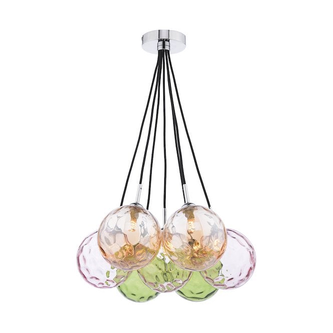 ELPIS 7 Light Cluster Pendant in Chrome with Multicoloured Glass Globe Shades