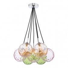 7 Light Cluster Pendant in Chrome with Multicoloured Glass Globe Shades
