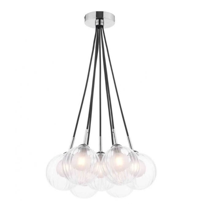 ELPIS 7 Light Cluster Pendant in Chrome with Opal and Clear Ribbed Glass Globe Shades