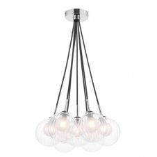 7 Light Cluster Pendant in Chrome with Opal and Clear Ribbed Glass Globe Shades