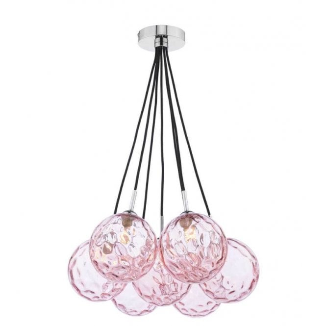 ELPIS 7 Light Cluster Pendant in Chrome with Pink Dimpled Glass Globe Shades