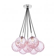7 Light Cluster Pendant in Chrome with Pink Dimpled Glass Globe Shades
