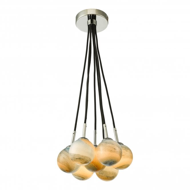 ELPIS 7 Light Cluster Pendant in Chrome with Planet Art Glass Globe Shades (8cm)