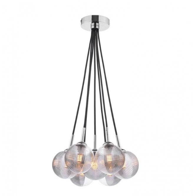 ELPIS 7 Light Cluster Pendant in Chrome with Smoked and Clear Ribbed Glass Globe Shades