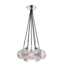 7 Light Cluster Pendant in Chrome with Smoked and Clear Ribbed Glass Globe Shades