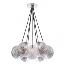 7 Light Cluster Pendant in Chrome with Large Smoke and Clear Ribbed Glass Globe Shades