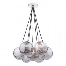 7 Light Cluster Pendant in Chrome with Smoked Dimpled Glass Globe Shades
