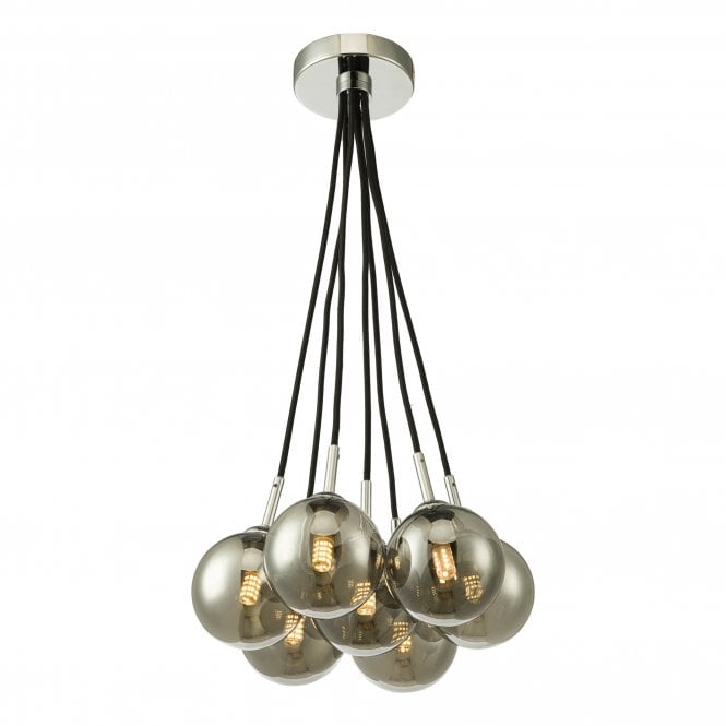 ELPIS 7 Light Cluster Pendant in Chrome with Smoked Glass Globe Shades