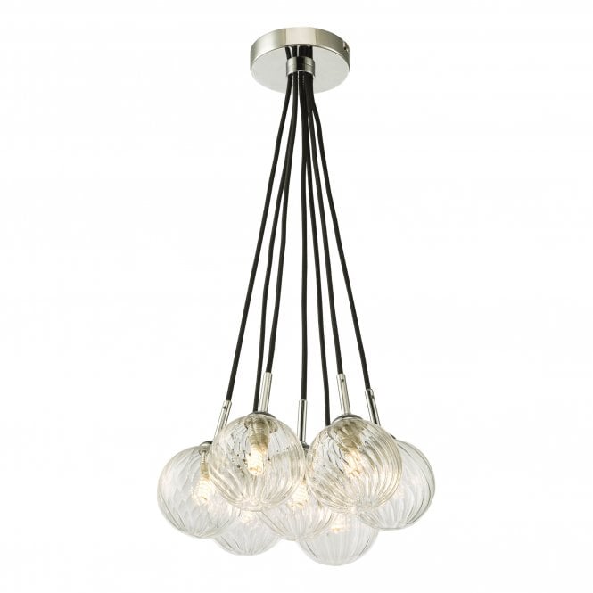 ELPIS 7 Light Cluster Pendant in Chrome with Twisted Clear Glass Shades