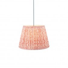brass and blue pendant with coral pink ripple pattern shade