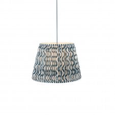 brass and blue pendant with blue ripple patterned tapered shade