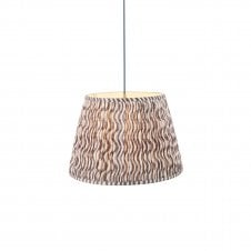 brass and blue pendant with grey ripple pattern shade