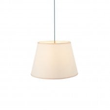 brass and blue pendant with white tapered shade