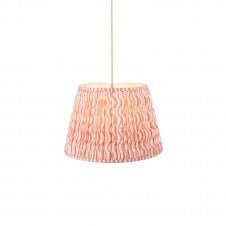 brass and green pendant with coral pink ripple pattern shade