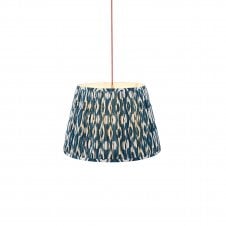 brass and red suspension with blue ikat pattern shade